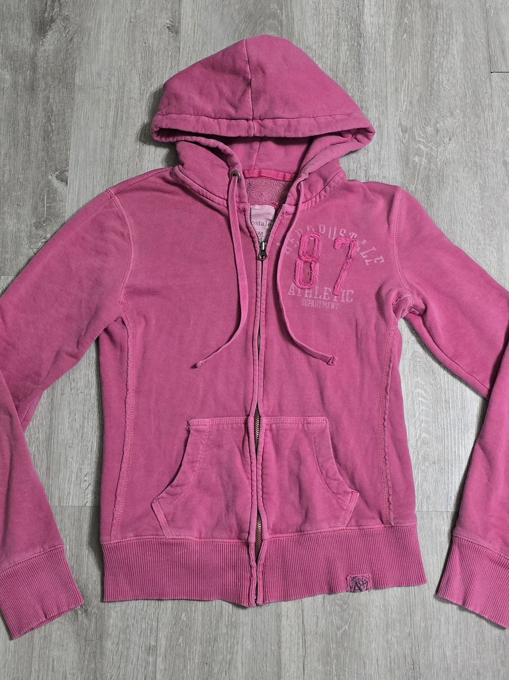 Vintage Y2K Aeropostale Womens Pink 87 Athletic Zip Up Hooded Sweatshirt Embroid